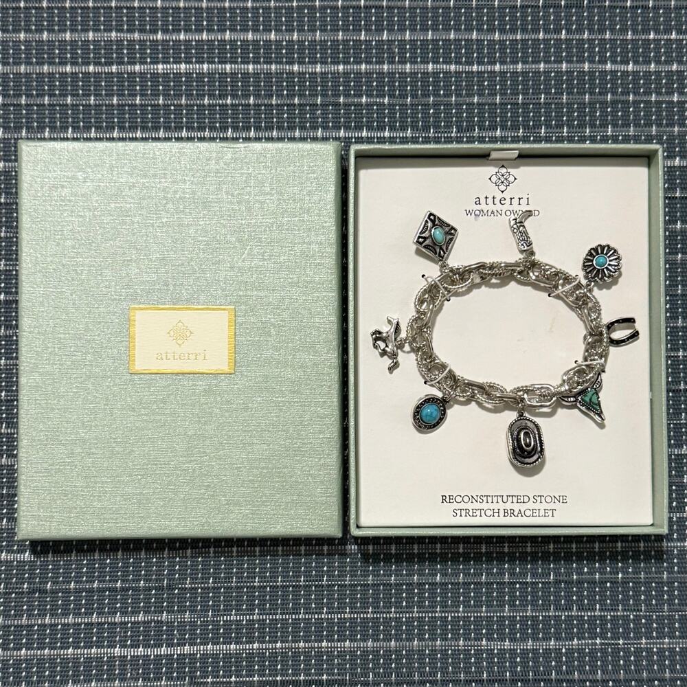 NEW | Atterri | Western Reconstituted Turquoise Stone Charm Stretch Bracelet - Picture 2 of 2